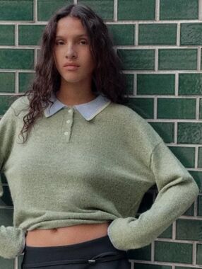 NWT Zara Contrasting Knit Polo-Collared Sweater In Green - M